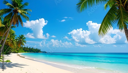 Fototapeta Naklejka Na Ścianę i Meble -  A tropical paradise beach scene showcases lush palm trees, a pristine white sand beach, and a vibrant turquoise ocean under a bright blue sky filled with fluffy clouds.