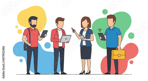 Team of diverse professionals utilizing laptops and tablets for digital communication and collaboration, showcasing modern connectivity and teamwork in a business environment.
