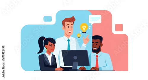 Diverse business professionals collaborate on a project, brainstorming new ideas with lightbulb icons. Represents teamwork, innovation, and creative solutions in a modern office setting.