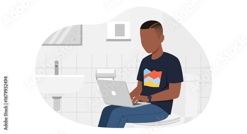 Young man working on a laptop while sitting on a toilet, illustrating remote work, multitasking, and informal productivity in a home bathroom setting.