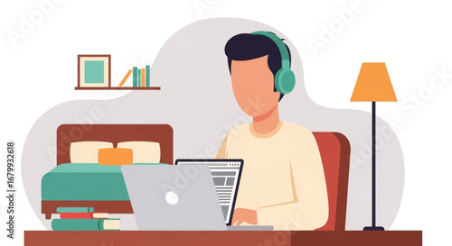 Person working remotely from home on a laptop, wearing headphones. Ideal for concepts of online education, flexible work, and modern lifestyle.