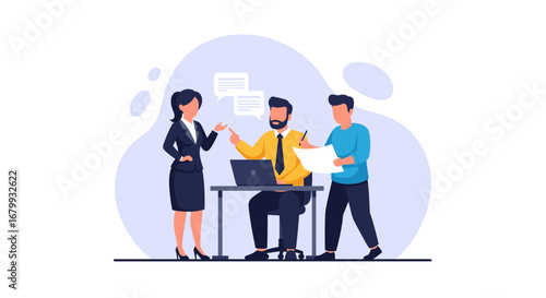 Business professionals collaborating and discussing ideas in an office setting. Teamwork and strategy for corporate success and effective communication.