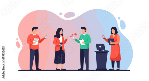 Professionals exchange digital information via smartphones and laptops, embodying modern communication, networking, and technology. Ideal for business, lifestyle, and digital concepts.
