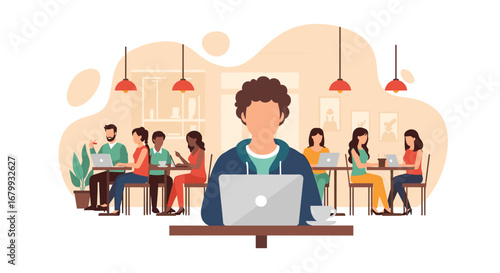 Young man working on laptop in a modern cafe, symbolizing remote work, freelancing, and a digital nomad lifestyle. Perfect for business and technology themes.