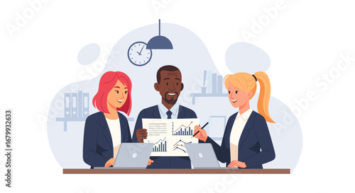Diverse business team collaborating in an office meeting, analyzing financial data and charts on laptops and documents. Ideal for corporate teamwork concepts.