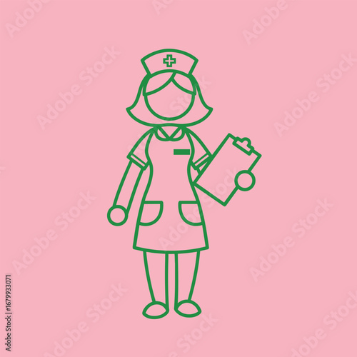 Cartoon nurse character holding a clipboard, set against a pink background, symbolizing healthcare and support