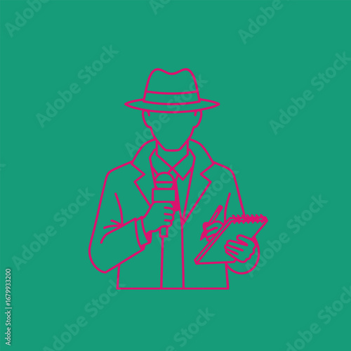 A journalist in a suit and hat holding a microphone and notepad, ready to report news in a vibrant green background