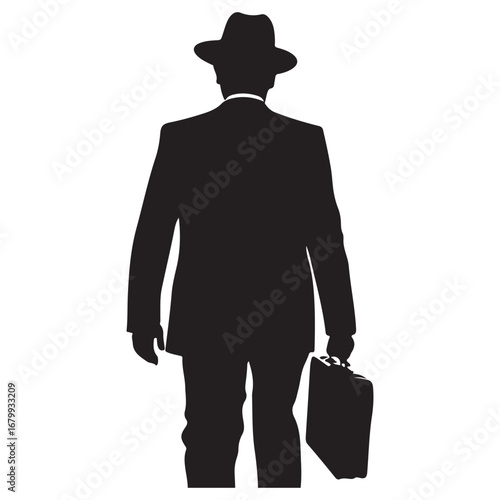 Silhouette of a man in a suit and fedora hat carrying a briefcase vector