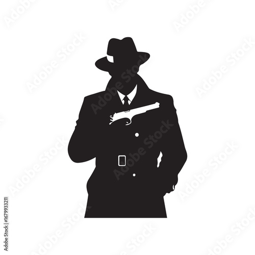 Silhouette of a man in a fedora and trench coat holding a pistol male person