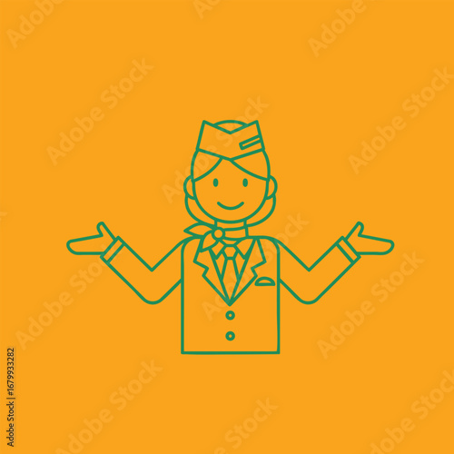 Cheerful flight attendant gesturing welcomingly, set against a vibrant orange background, ideal for travel-related content