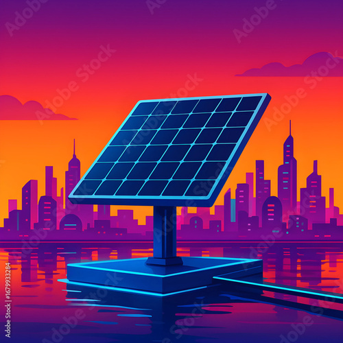 Futuristic Solar Panel Installation Overlooking a City Skyline at Sunset