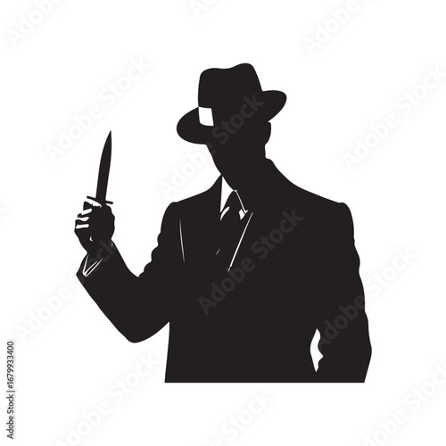 Silhouette of a man in a fedora and suit holding a knife male person