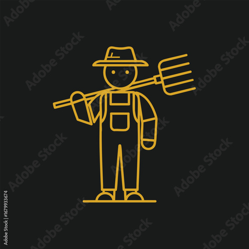 Simple line illustration of a farmer holding a pitchfork, set against a dark background, representing agriculture and labor