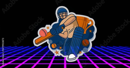 Opening showing flat batsman swinging bat on neon grid with floating balls and trophy looping motif