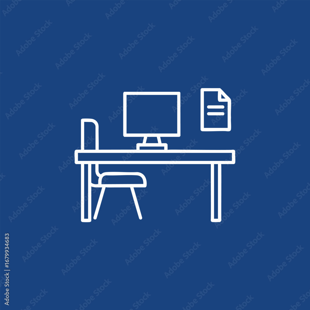 Fototapeta premium Minimalist workspace featuring a computer on a desk with a chair and a document, ideal for remote work or study settings