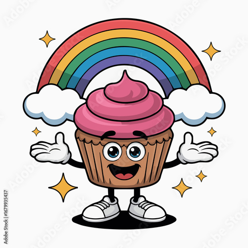 Cartoon cupcake with rainbow and clouds vector illustration for kids birthday party and bakery shop 100
