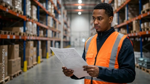 Warehouse Worker Reviewing Inventory List in Industrial Environment