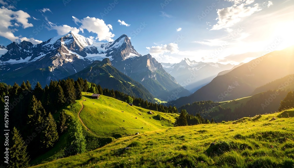 Obraz premium Panoramic View of Swiss Alps, Scenic Landscape with Meadows at Sunset