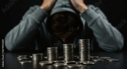Financial Distress: Stacks of coins diminish as a person in a hoodie expresses worry, symbolizing economic hardship and financial stress.