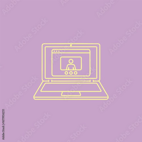 Illustration of a laptop displaying a video call interface with a user icon and participant icons on a pastel background