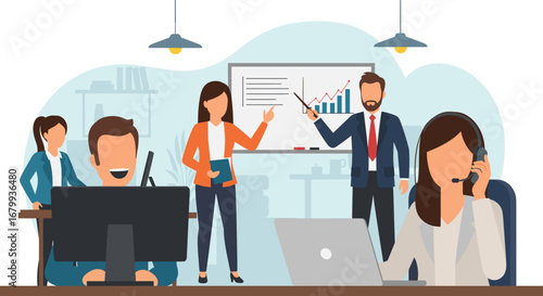Business team collaborating in a modern office. Professionals giving a presentation, working on computers, and providing customer support. Teamwork, growth, and communication concept.