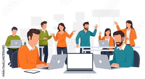 Diverse business team collaborating in a modern office, engaged in discussion and working on laptops. Represents teamwork, communication, and a productive corporate environment.
