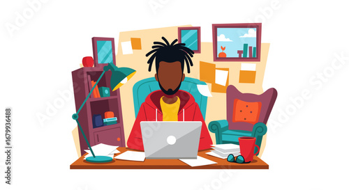 An African American man works from home on his laptop at a tidy desk with a lamp, books, and artwork, embodying remote work and productivity.