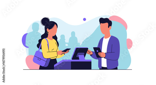 Two people using smartphones for a seamless digital payment at a modern service counter, illustrating convenient mobile commerce and transaction technology for retail business.