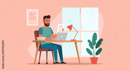 Bearded man focused on work at his home office desk with laptop and documents. Ideal for remote work, education, or freelance concepts.