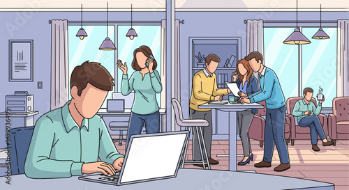Busy open-plan office scene with diverse professionals collaborating, working on laptops, and communicating. Represents modern workplace productivity and team dynamics.