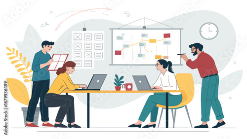 Team collaboration in a modern office, with professionals working on laptops, reviewing checklists, and discussing project timelines. Ideal for business, productivity, and strategy concepts.
