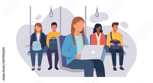 Productive woman working on laptop during her daily commute on public transport. Represents remote work, business travel, and modern urban lifestyle.