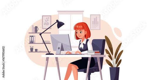 Professional businesswoman with red hair happily working on a computer at her modern office desk. Ideal for concepts of remote work, productivity, and online business.