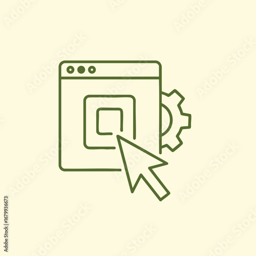 Illustration of a computer screen with a gear and cursor, symbolizing technology and settings in a minimalist design