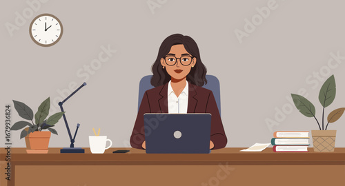 Focused professional woman working diligently at her modern office desk with a laptop, reflecting productivity and a dedicated business lifestyle.