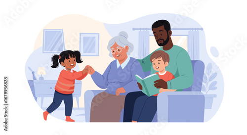 Happy multi-generational family enjoying time at home. Grandmother, father, and children share a warm moment, reading and playing, symbolizing love and family connection.
