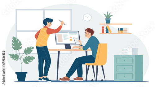 Two male colleagues collaborate on a project in a modern office, discussing ideas and working on a computer. Ideal for business, teamwork, and digital work concepts.