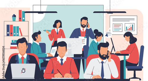 Professionals collaborating and working diligently in a modern open-plan office. Depicts business, communication, and productivity, ideal for corporate themes.