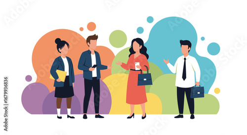 Diverse business people collaborate and communicate in a modern, vibrant setting. Ideal for themes of teamwork, professional development, and corporate success.