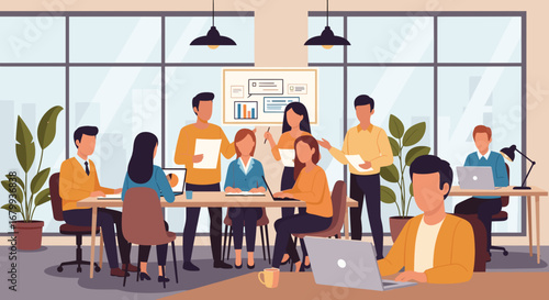 Diverse business team collaborating in a modern office meeting, discussing strategy and analyzing data for corporate success and professional growth.