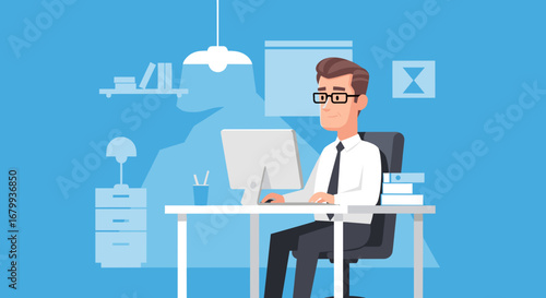 Happy professional man in glasses working on desktop computer, illustrating business, technology, and efficient office operations.