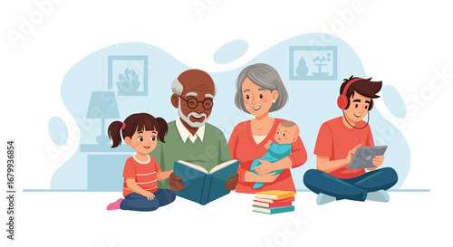Happy multi-generational family bonding at home, featuring grandparents reading to a child, a mother with a baby, and a teen with a tablet. Depicts connection and modern life.