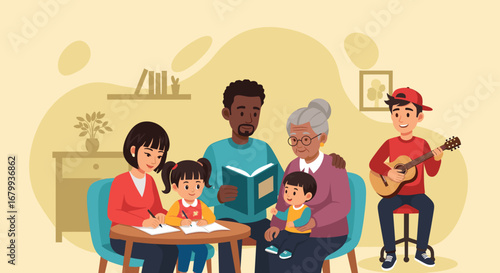 A joyful multi-generational family gathered indoors, sharing activities like reading, learning, and playing music. Perfect for concepts of family bonding, education, and happy home life.