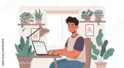 Young man working remotely on a laptop at a home office desk, surrounded by green houseplants, illustrating productivity and modern lifestyle.