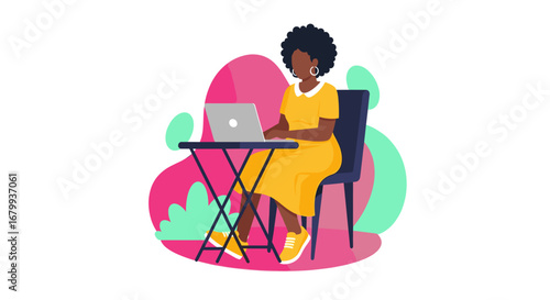 Focused African American woman working on a laptop at a small table, illustrating remote work, freelance, or online learning. Ideal for business, education, or lifestyle content.