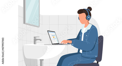 Person with headphones working on a laptop in a bathroom, showcasing remote work, flexibility, and the ability to work from unconventional spaces. Business, lifestyle, technology.