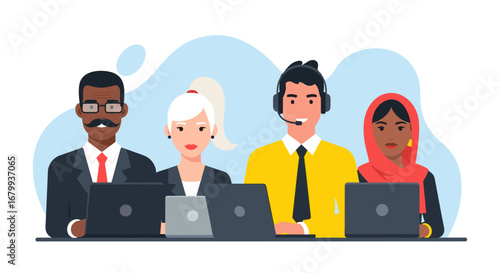 Diverse team of customer support representatives working on laptops, providing online assistance and helpdesk service. Concept of global communication and modern business.