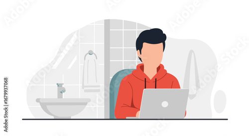 Person in a hoodie working on a laptop in a bathroom, illustrating remote work flexibility and unconventional home office spaces.