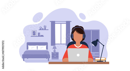 Person in headphones working remotely on a laptop at home. Illustrates distance learning, online business, and freelance work lifestyle from a comfortable bedroom setting.