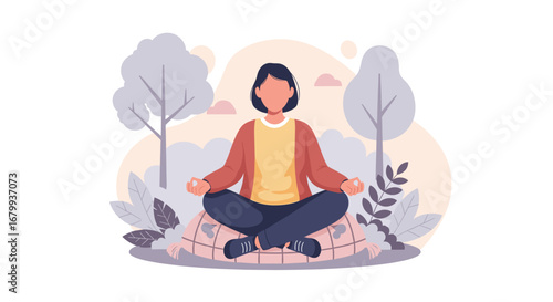 Woman meditating peacefully outdoors, finding calm and inner balance amidst nature. Represents mindfulness, wellness, and stress relief for a healthy lifestyle.